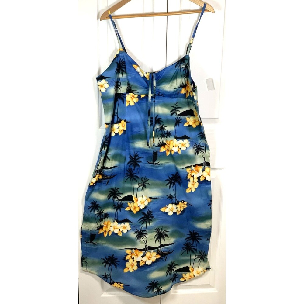 VTG Winnie Fashion Halter Hawaiian Dress Floral L Blue Resort Beach Cruise Boho